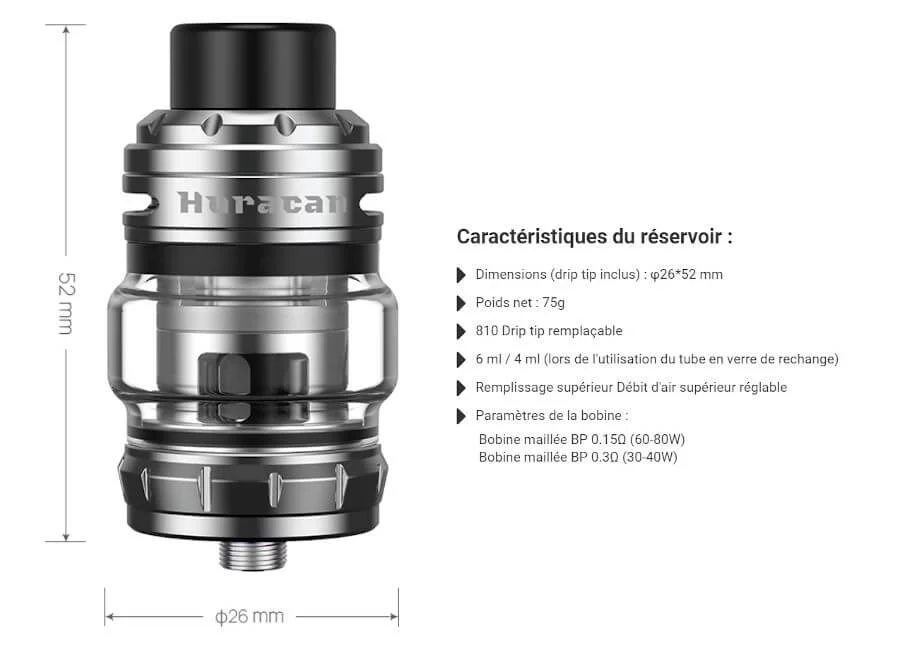 Clearomiseur Tank Huracan 6ml Aspire caractéristiques