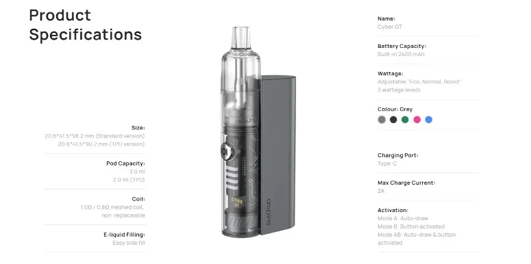 Kit Pod Cyber GT 2400 Aspire fiche technique