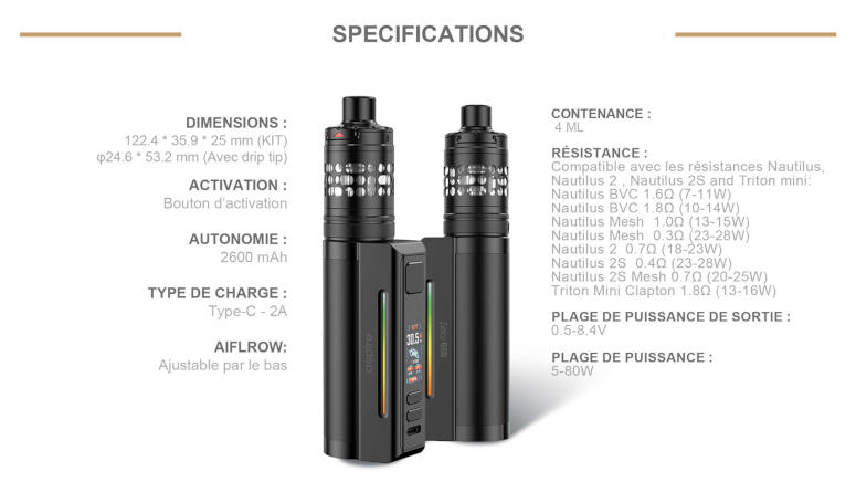 Kit Zelos M80 Aspire caractéristiques fiche technique