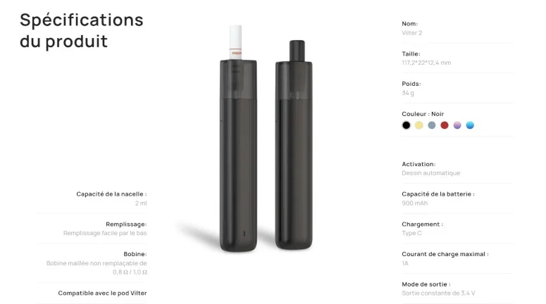 Kit Pod Vilter 2 Aspire fiche technique