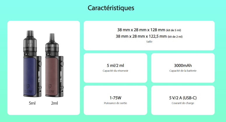 Kit iStick i75 3000mAh Eleaf caractéristiques techniques