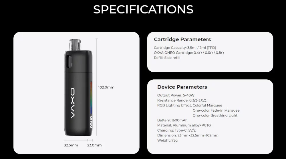Kit Pod Oneo 1600mAh Oxva caractéristiques