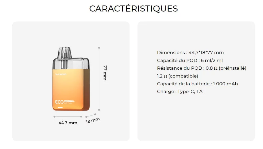 Kit Pod Eco Nano Metal Version Vaporesso caractéristiques