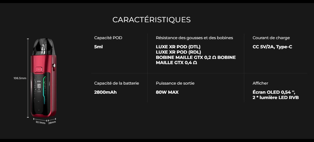 Kit Luxe XR Max Vaporesso caractéristiques