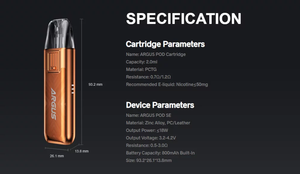 Kit Argus Pod SE 800mAh Voopoo caractéristiques