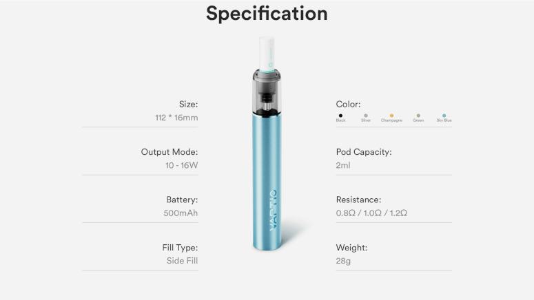 Kit Slim Starter 500mAh Vaptio fiche technique